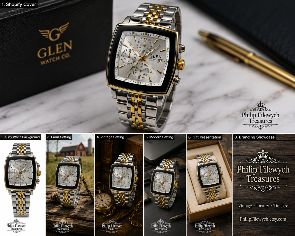 WA-29--Glen Watch Co. Men's Automatic Mechanical Watch 925 Silver Case Two-Tone Bracelet Dual Calendar 106g