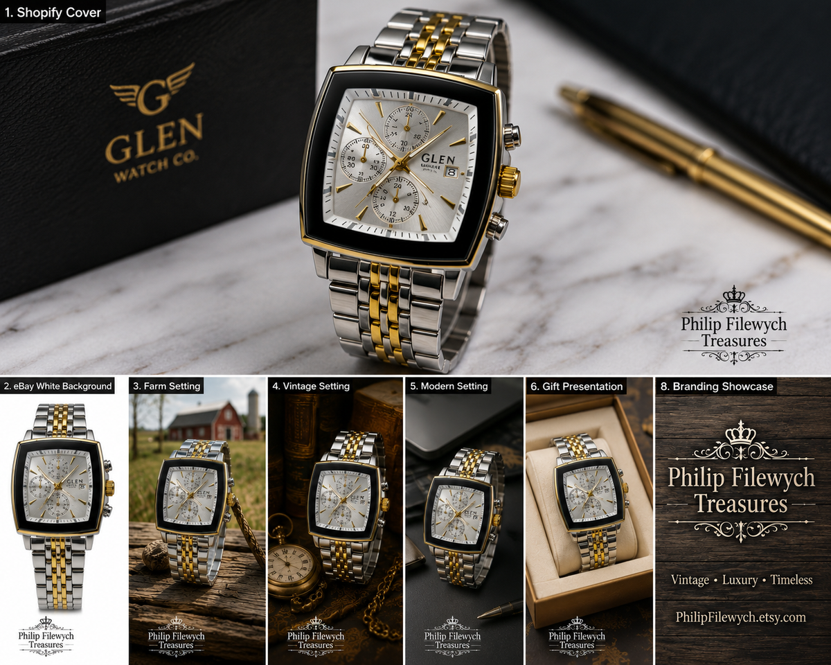 WA-29--Glen Watch Co. Men's Automatic Mechanical Watch 925 Silver Case Two-Tone Bracelet Dual Calendar 106g
