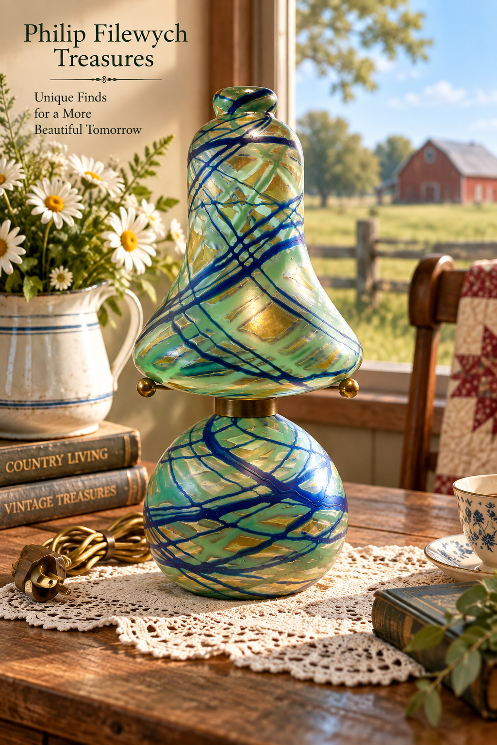 AdL-10--French Art Deco Art Glass Table Lamp Circa 1920 Green Blue Gold One-of-a-Kind