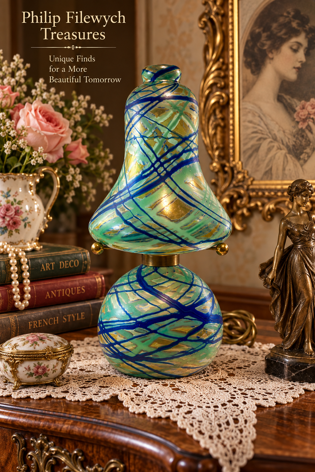 AdL-10--French Art Deco Art Glass Table Lamp Circa 1920 Green Blue Gold One-of-a-Kind