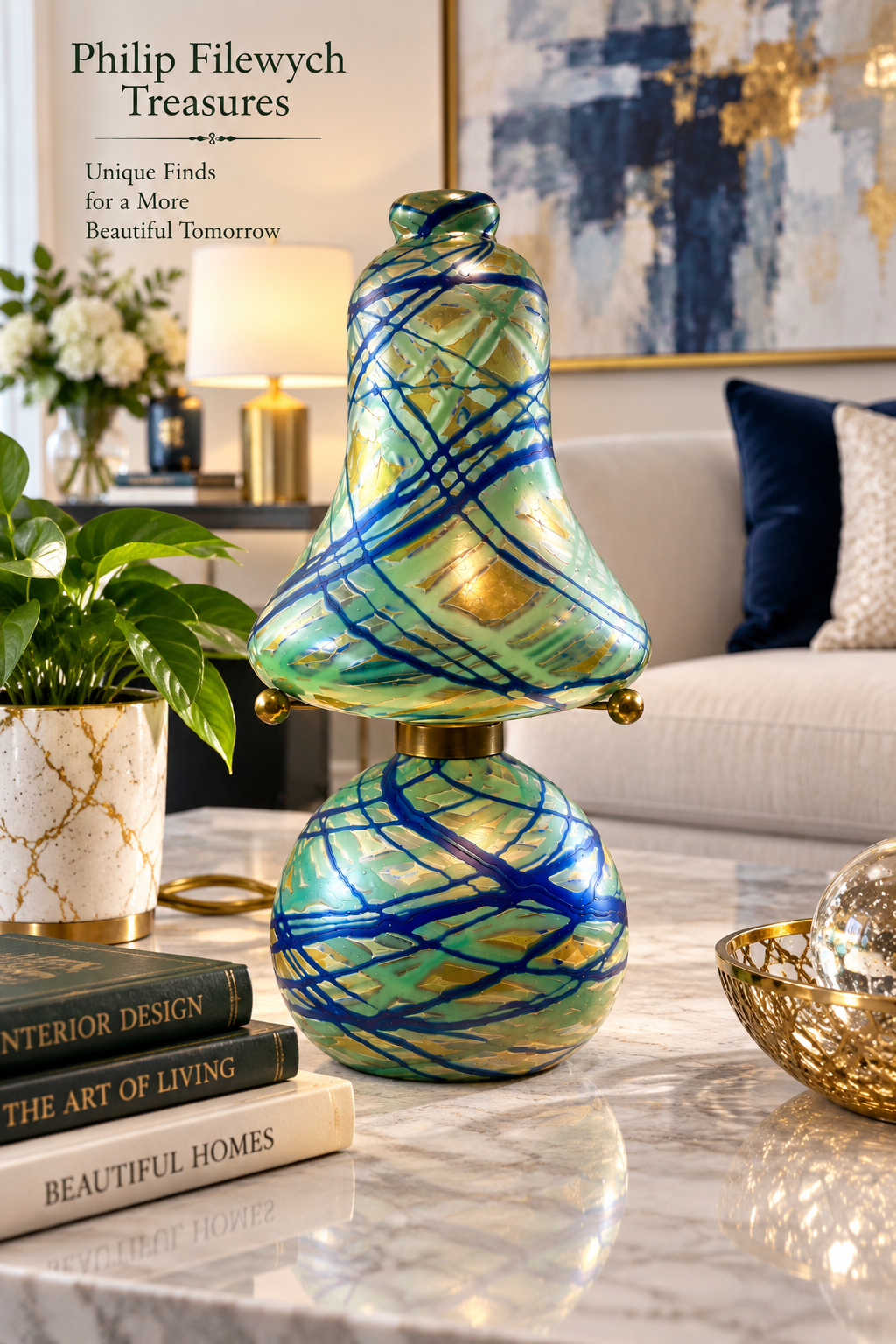 AdL-10--French Art Deco Art Glass Table Lamp Circa 1920 Green Blue Gold One-of-a-Kind