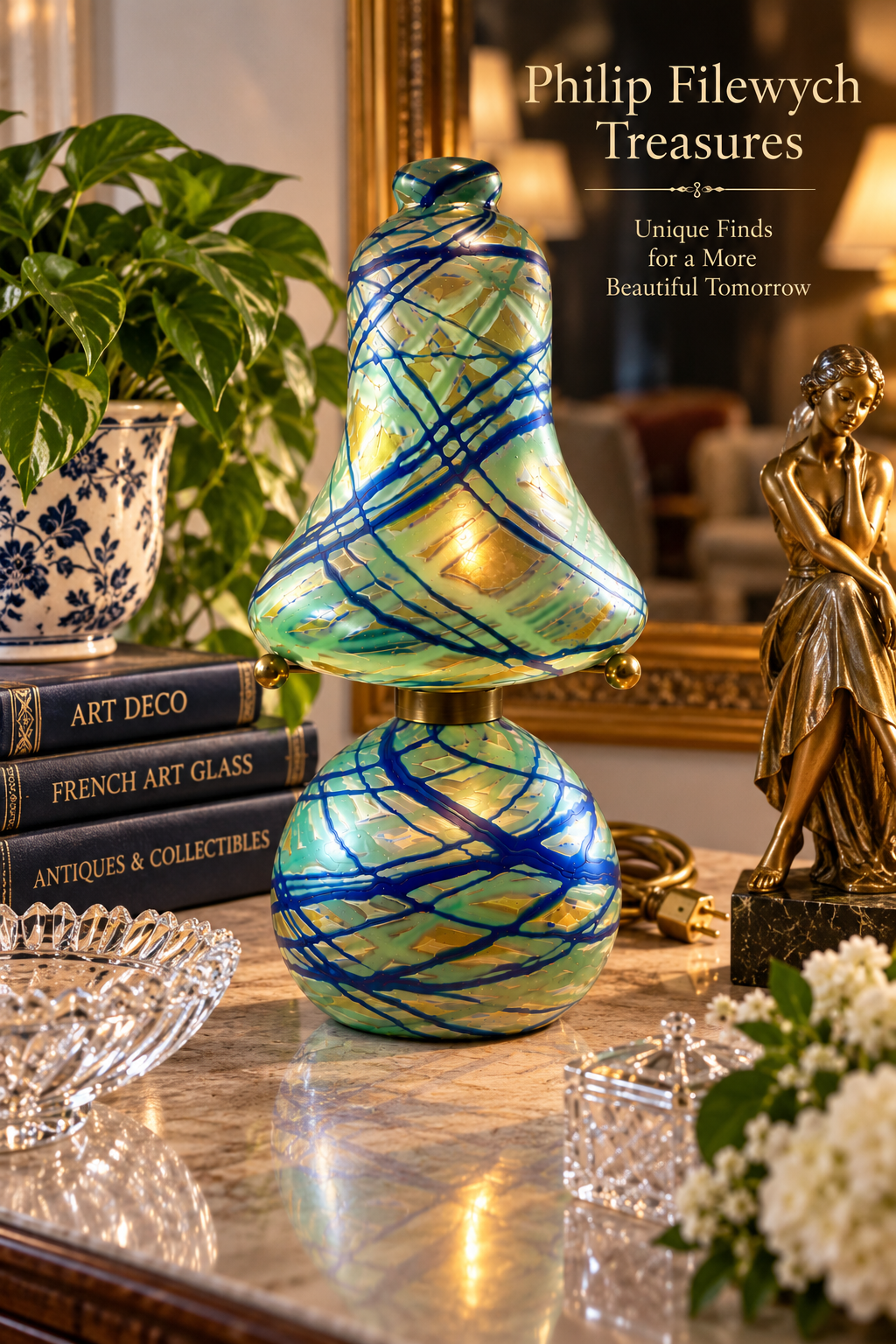 AdL-10--French Art Deco Art Glass Table Lamp Circa 1920 Green Blue Gold One-of-a-Kind