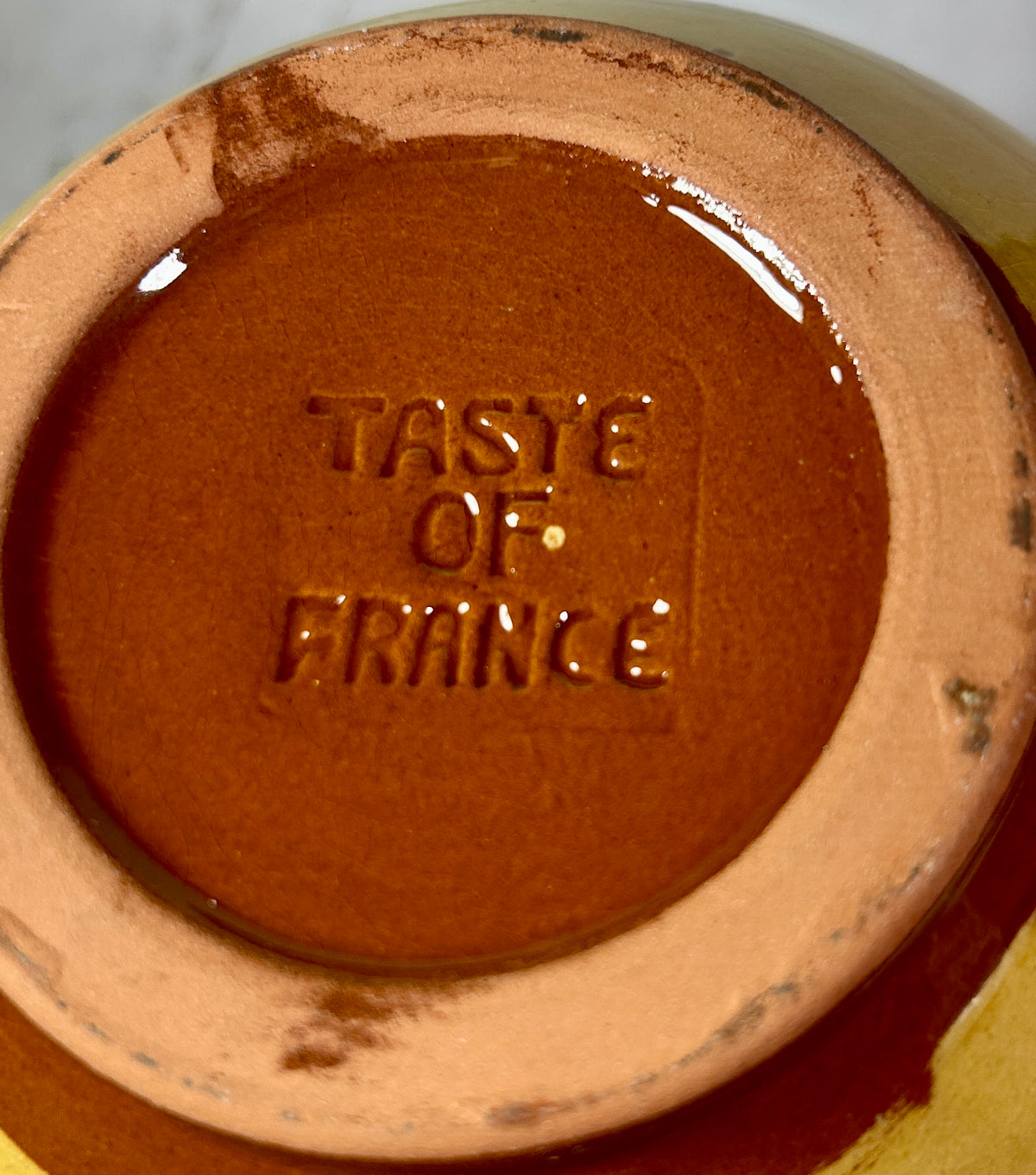 ACJ-10--Vintage Taste of France French Country Pottery Covered Jar with Wooden Spoon – Hand-Glazed Green & Mustard Yellow