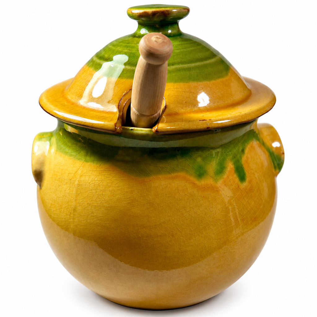 ACJ-10--Vintage Taste of France French Country Pottery Covered Jar with Wooden Spoon – Hand-Glazed Green & Mustard Yellow