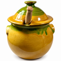 ACJ-10--Vintage Taste of France French Country Pottery Covered Jar with Wooden Spoon – Hand-Glazed Green & Mustard Yellow
