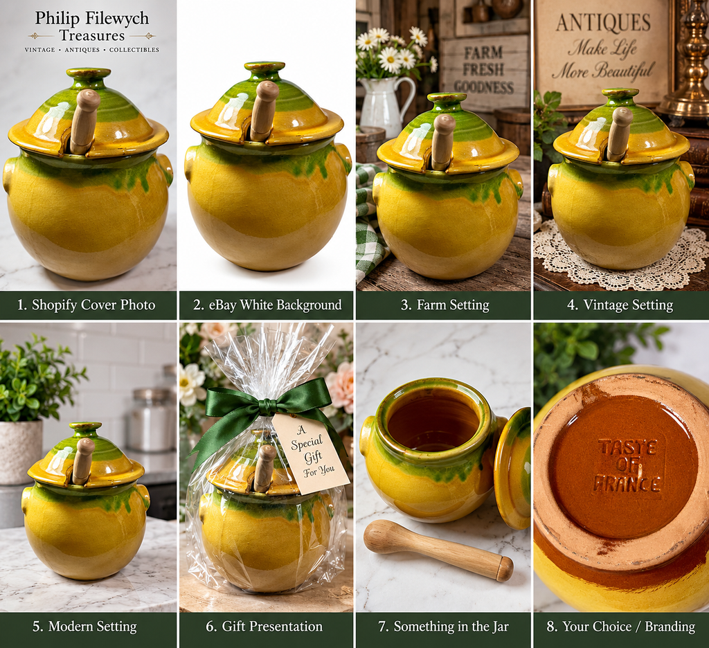 ACJ-10--Vintage Taste of France French Country Pottery Covered Jar with Wooden Spoon – Hand-Glazed Green & Mustard Yellow