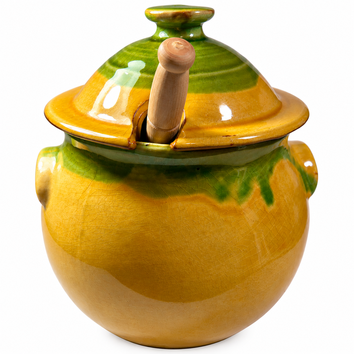 ACJ-10--Vintage Taste of France French Country Pottery Covered Jar with Wooden Spoon – Hand-Glazed Green & Mustard Yellow