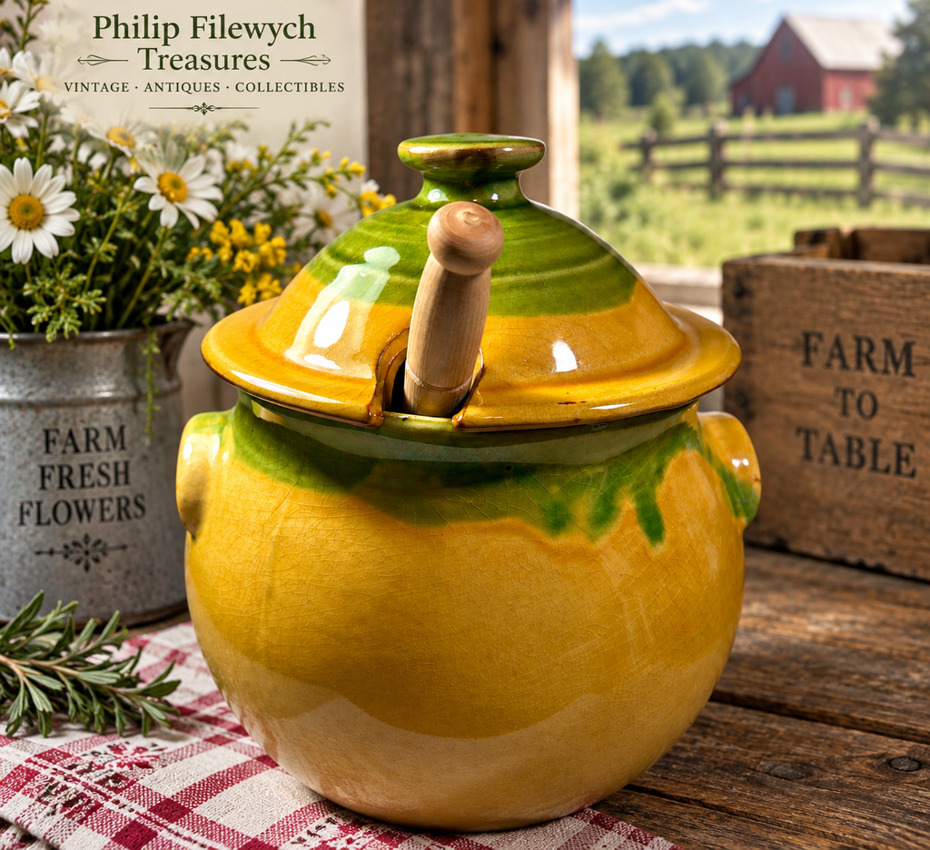 ACJ-10--Vintage Taste of France French Country Pottery Covered Jar with Wooden Spoon – Hand-Glazed Green & Mustard Yellow