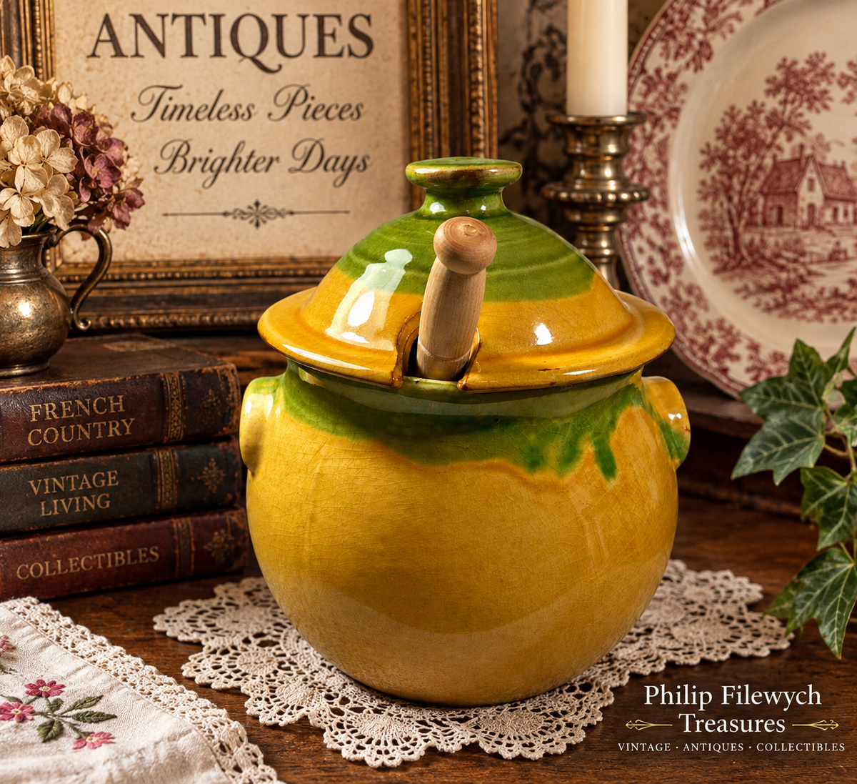 ACJ-10--Vintage Taste of France French Country Pottery Covered Jar with Wooden Spoon – Hand-Glazed Green & Mustard Yellow