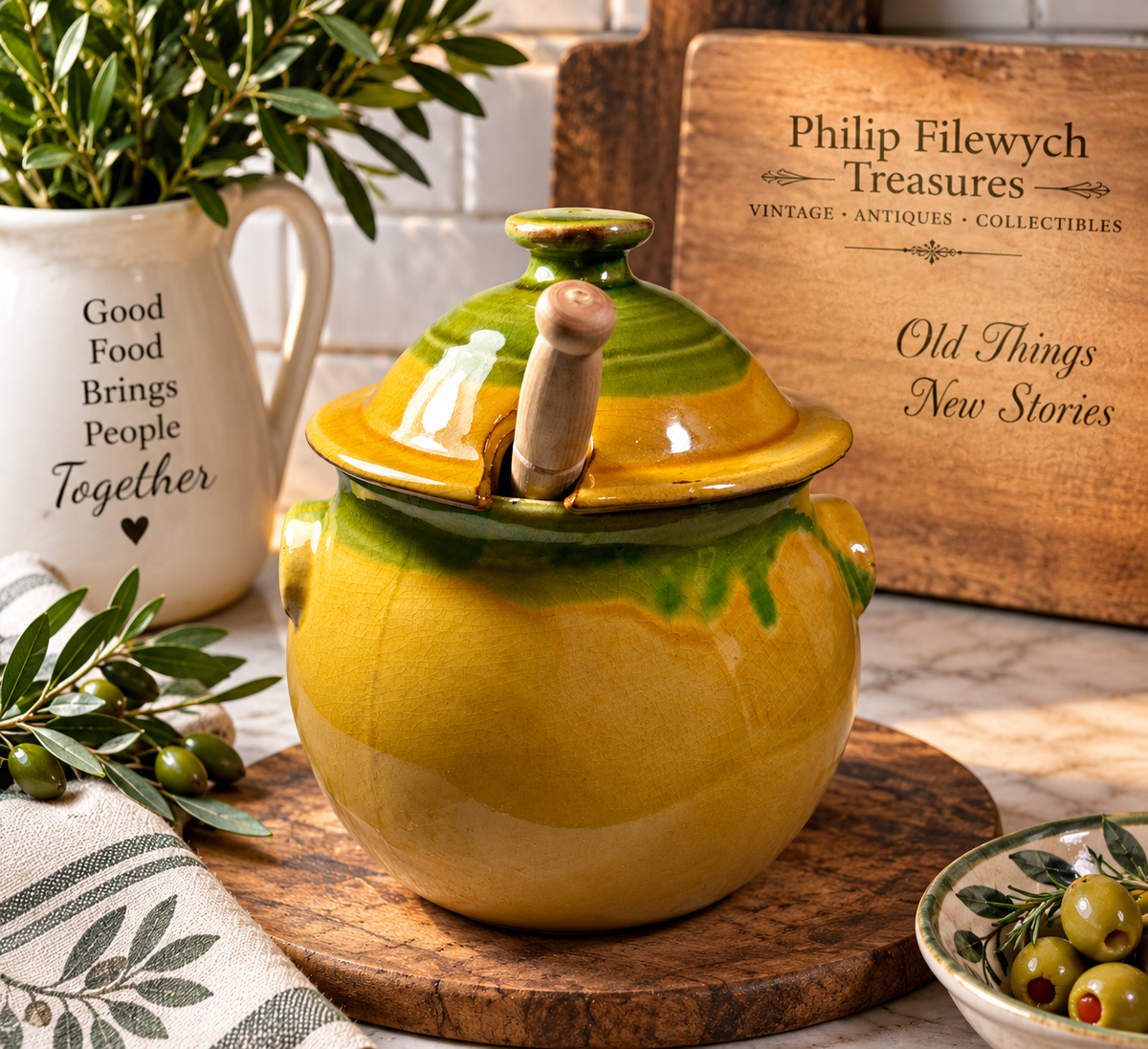 ACJ-10--Vintage Taste of France French Country Pottery Covered Jar with Wooden Spoon – Hand-Glazed Green & Mustard Yellow
