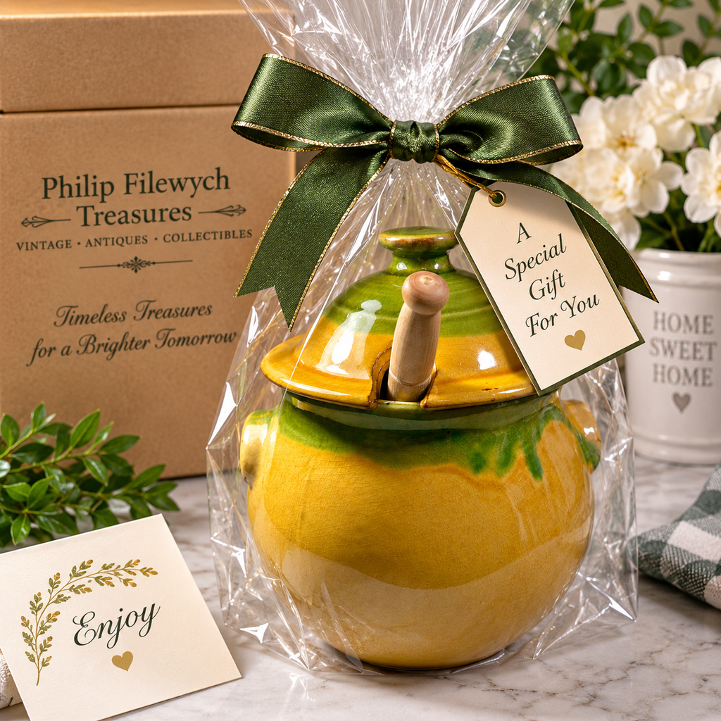 ACJ-10--Vintage Taste of France French Country Pottery Covered Jar with Wooden Spoon – Hand-Glazed Green & Mustard Yellow