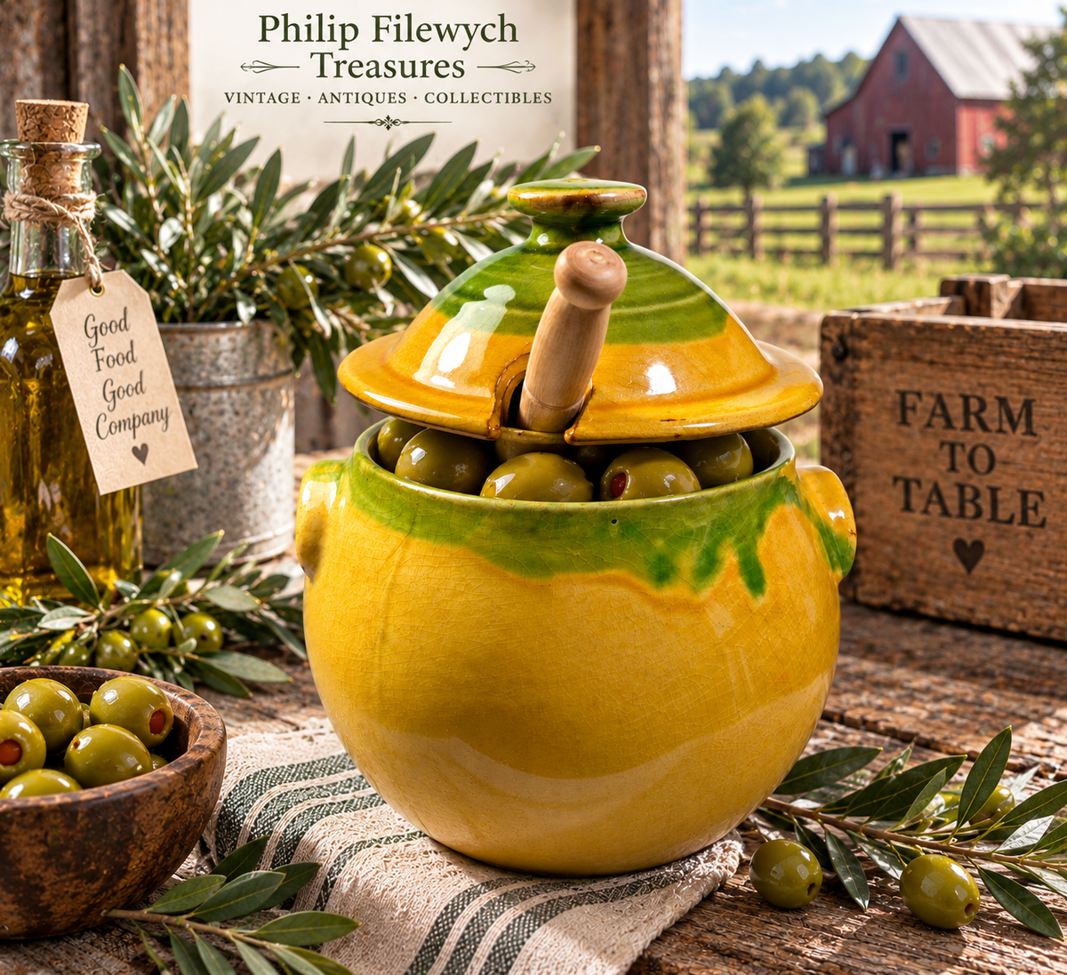 ACJ-10--Vintage Taste of France French Country Pottery Covered Jar with Wooden Spoon – Hand-Glazed Green & Mustard Yellow