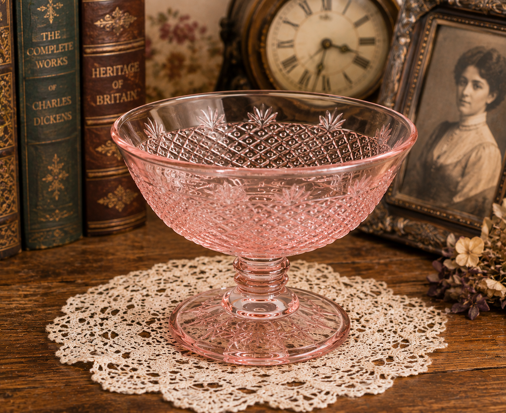 BD-52--Vintage Pink Depression Glass Footed Compote Bowl – Etched Diamond Pattern – 6 Inch