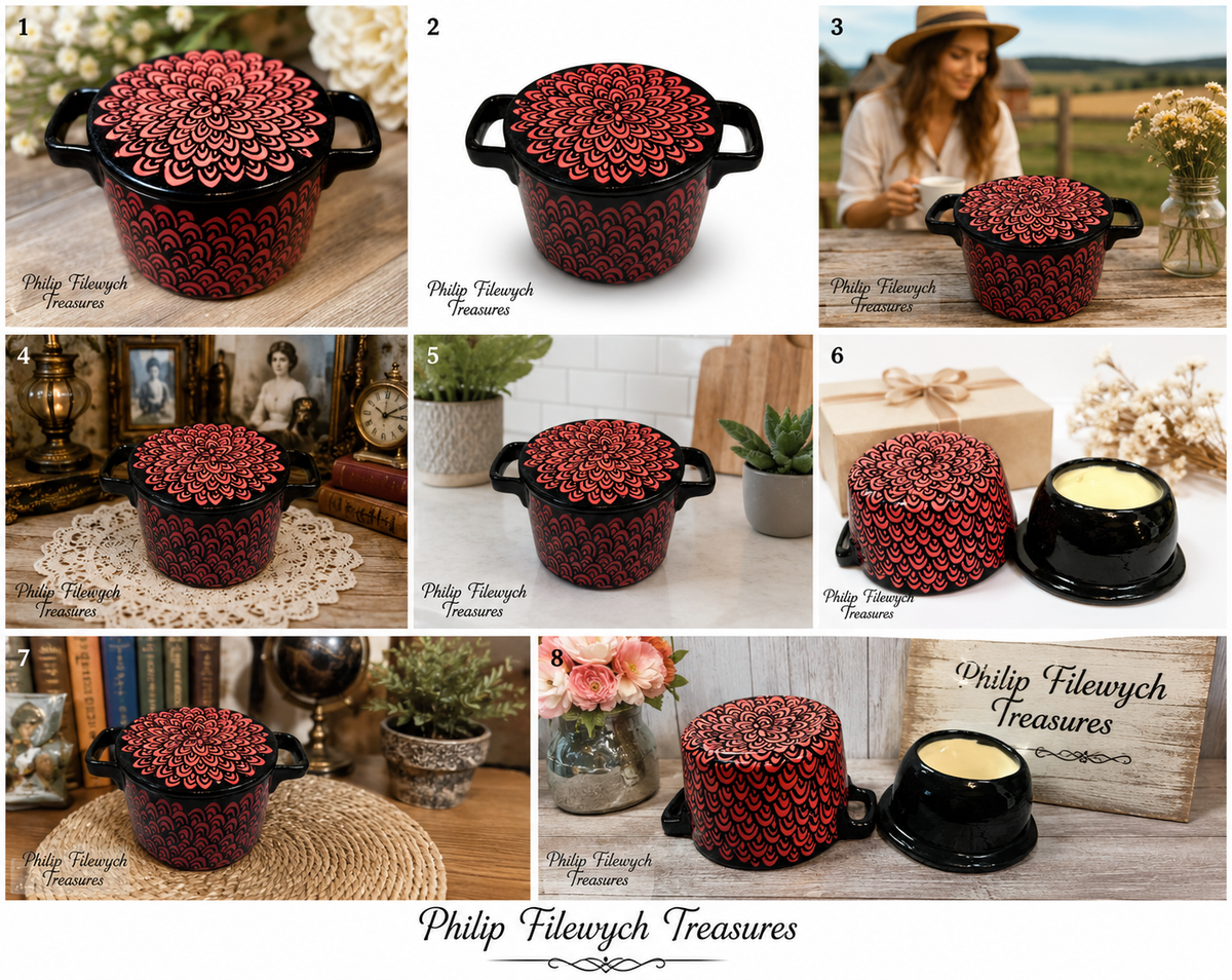 BD-10--French Made Black Ceramic Covered Casserole Cocotte Red Floral Mandala Pattern