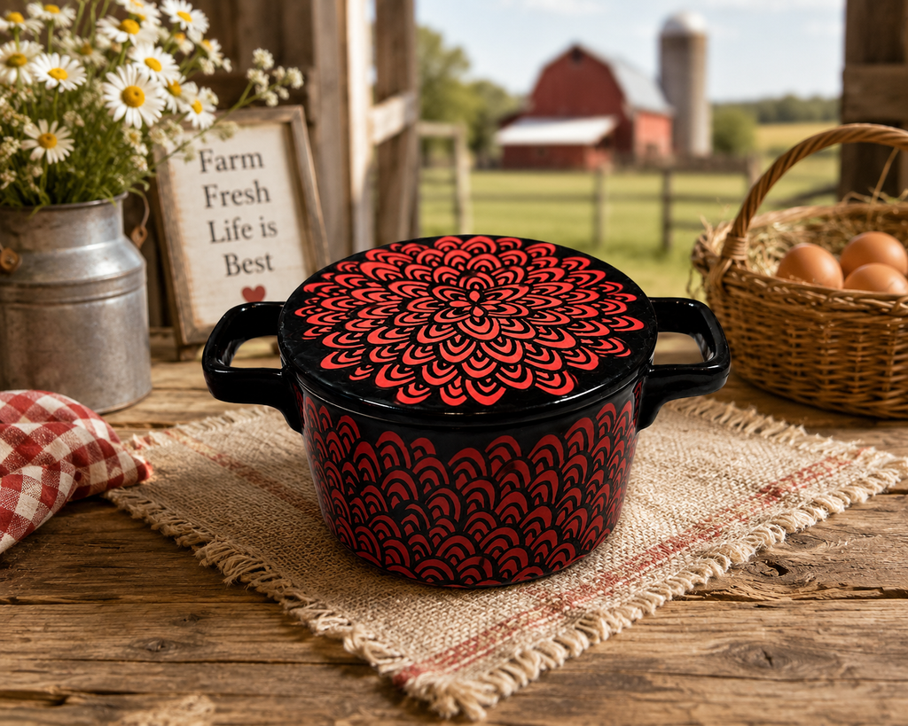 BD-10--French Made Black Ceramic Covered Casserole Cocotte Red Floral Mandala Pattern