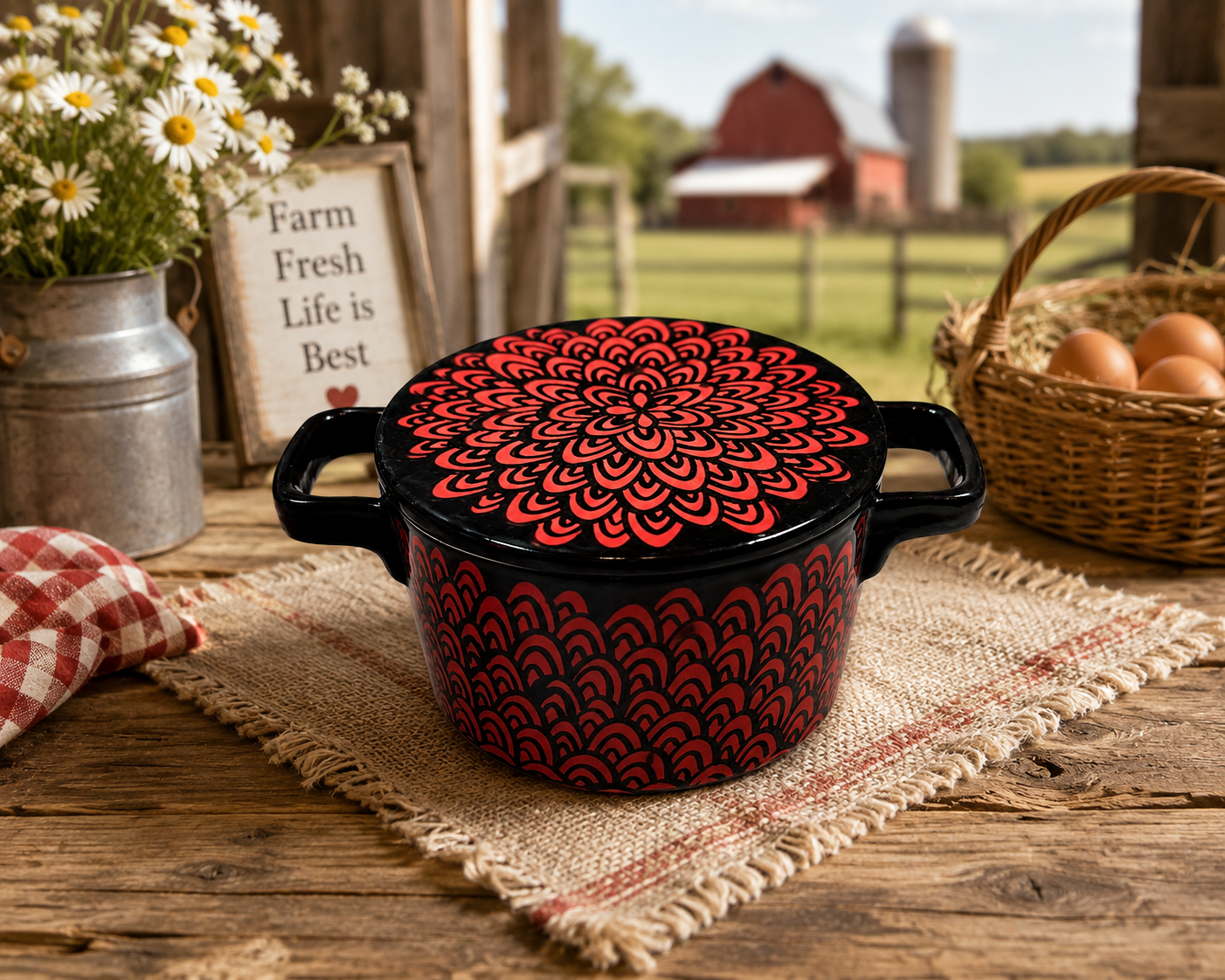 BD-10--French Made Black Ceramic Covered Casserole Cocotte Red Floral Mandala Pattern