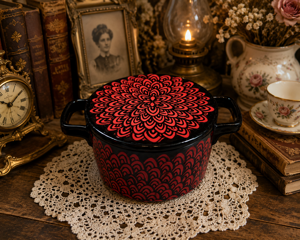 BD-10--French Made Black Ceramic Covered Casserole Cocotte Red Floral Mandala Pattern