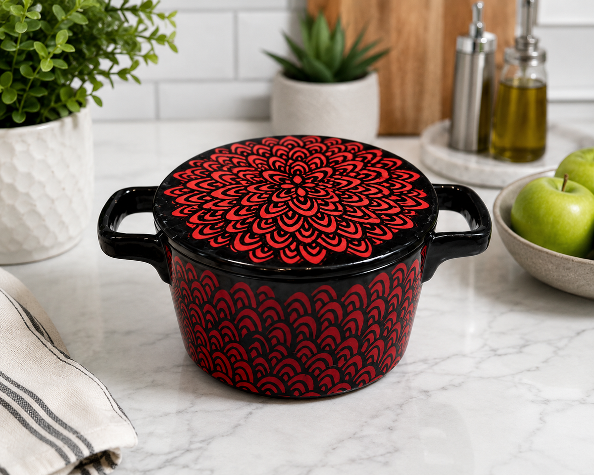 BD-10--French Made Black Ceramic Covered Casserole Cocotte Red Floral Mandala Pattern