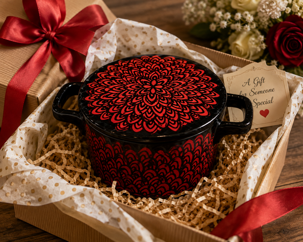 BD-10--French Made Black Ceramic Covered Casserole Cocotte Red Floral Mandala Pattern