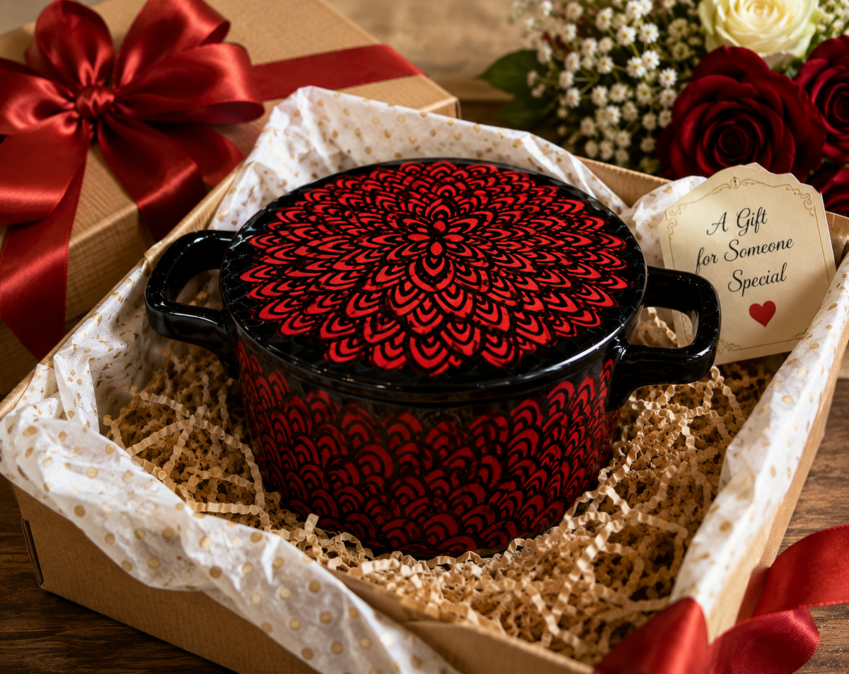 BD-10--French Made Black Ceramic Covered Casserole Cocotte Red Floral Mandala Pattern