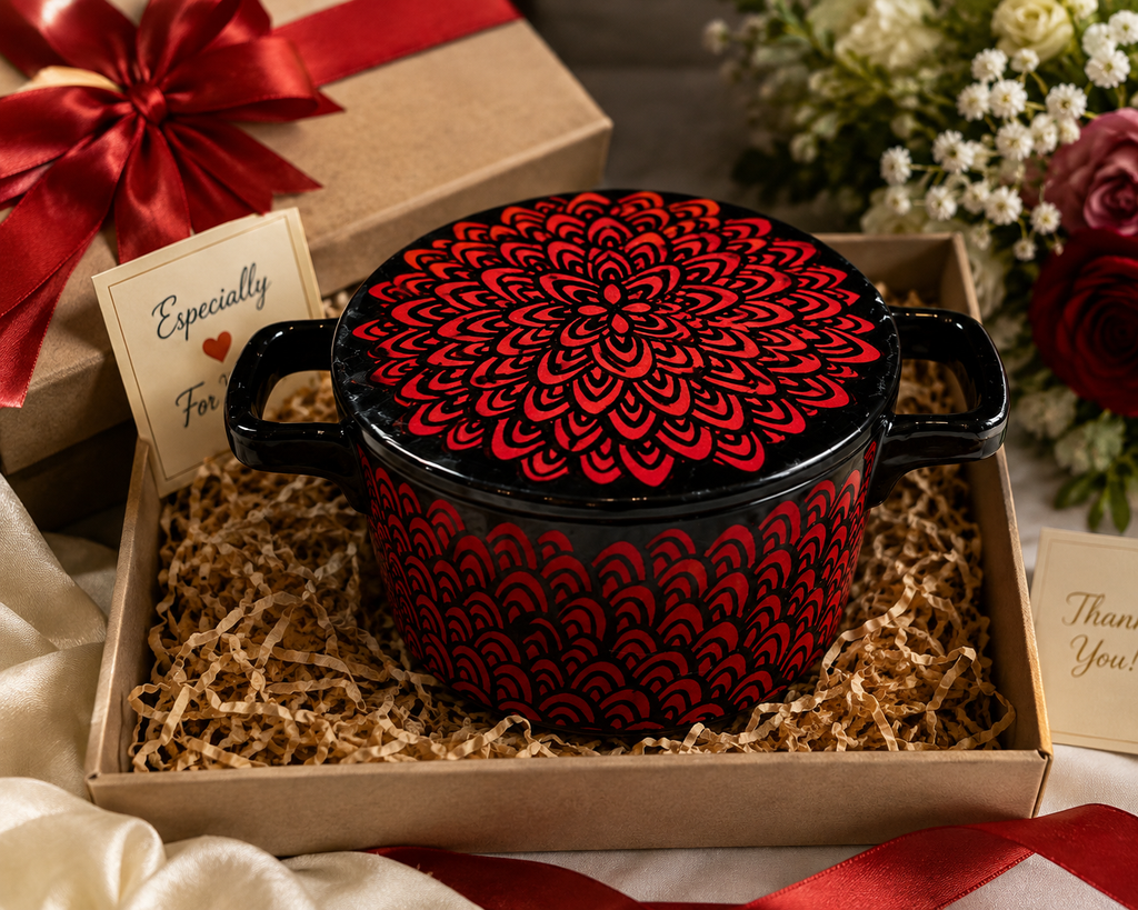 BD-10--French Made Black Ceramic Covered Casserole Cocotte Red Floral Mandala Pattern