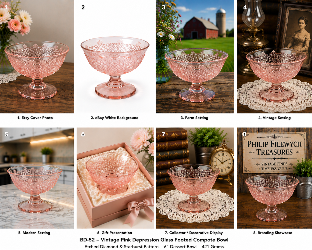 BD-52--Vintage Pink Depression Glass Footed Compote Bowl – Etched Diamond Pattern – 6 Inch