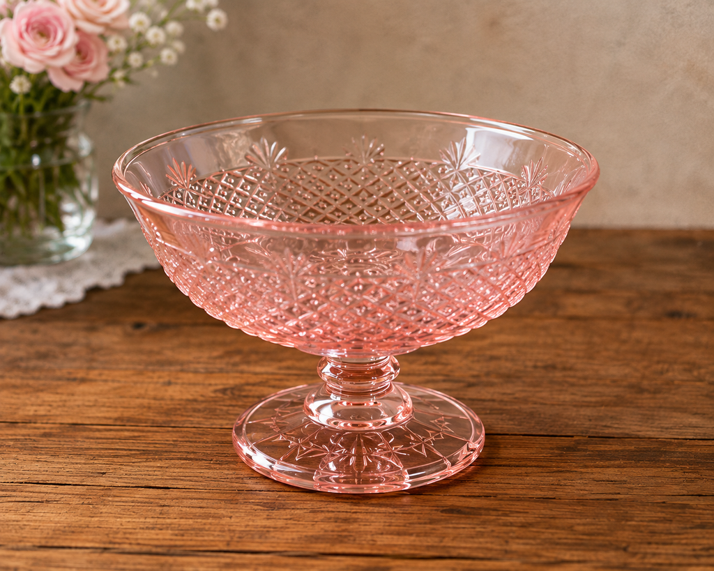BD-52--Vintage Pink Depression Glass Footed Compote Bowl – Etched Diamond Pattern – 6 Inch