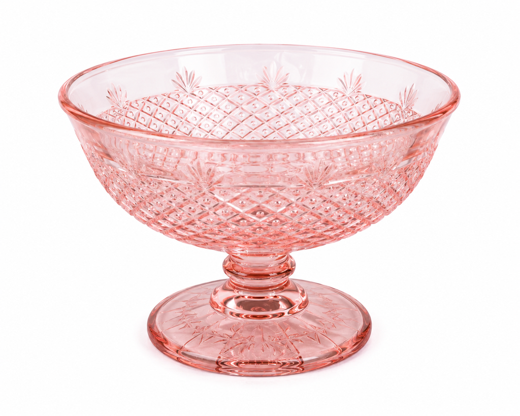 BD-52--Vintage Pink Depression Glass Footed Compote Bowl – Etched Diamond Pattern – 6 Inch