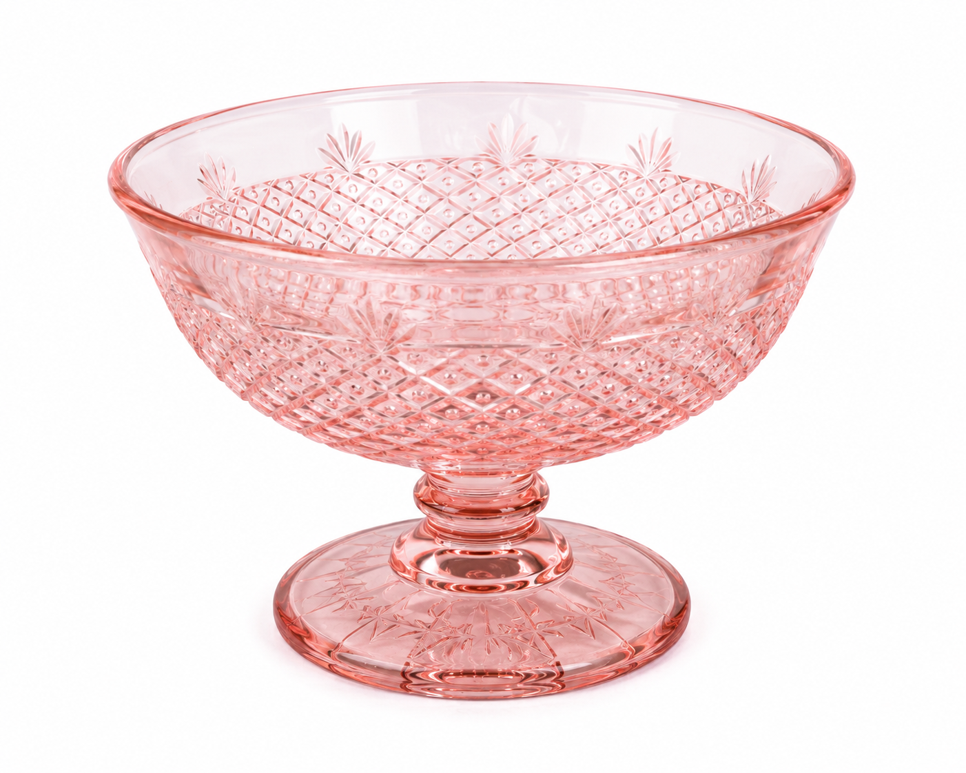 BD-52--Vintage Pink Depression Glass Footed Compote Bowl – Etched Diamond Pattern – 6 Inch