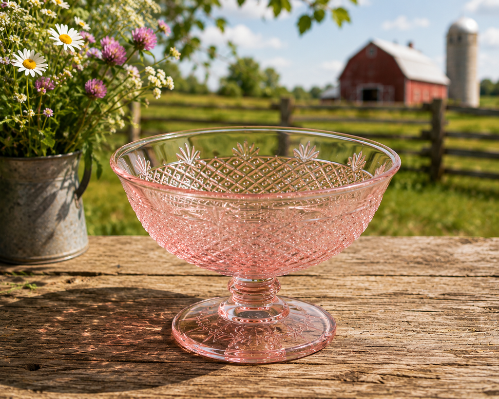 BD-52--Vintage Pink Depression Glass Footed Compote Bowl – Etched Diamond Pattern – 6 Inch