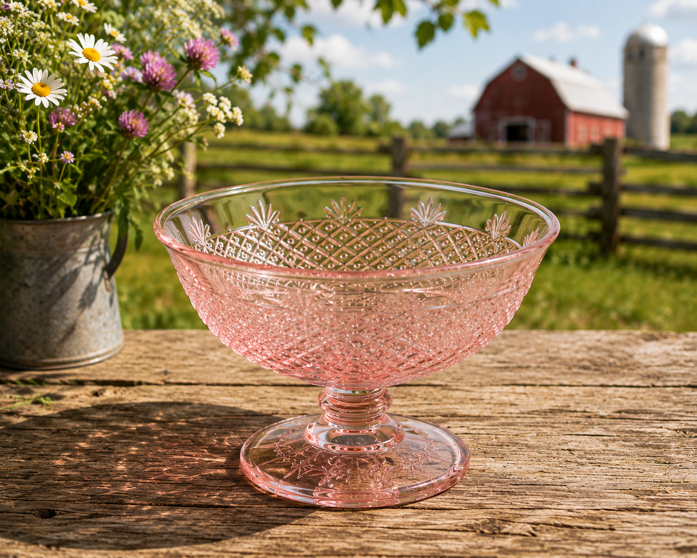BD-52--Vintage Pink Depression Glass Footed Compote Bowl – Etched Diamond Pattern – 6 Inch