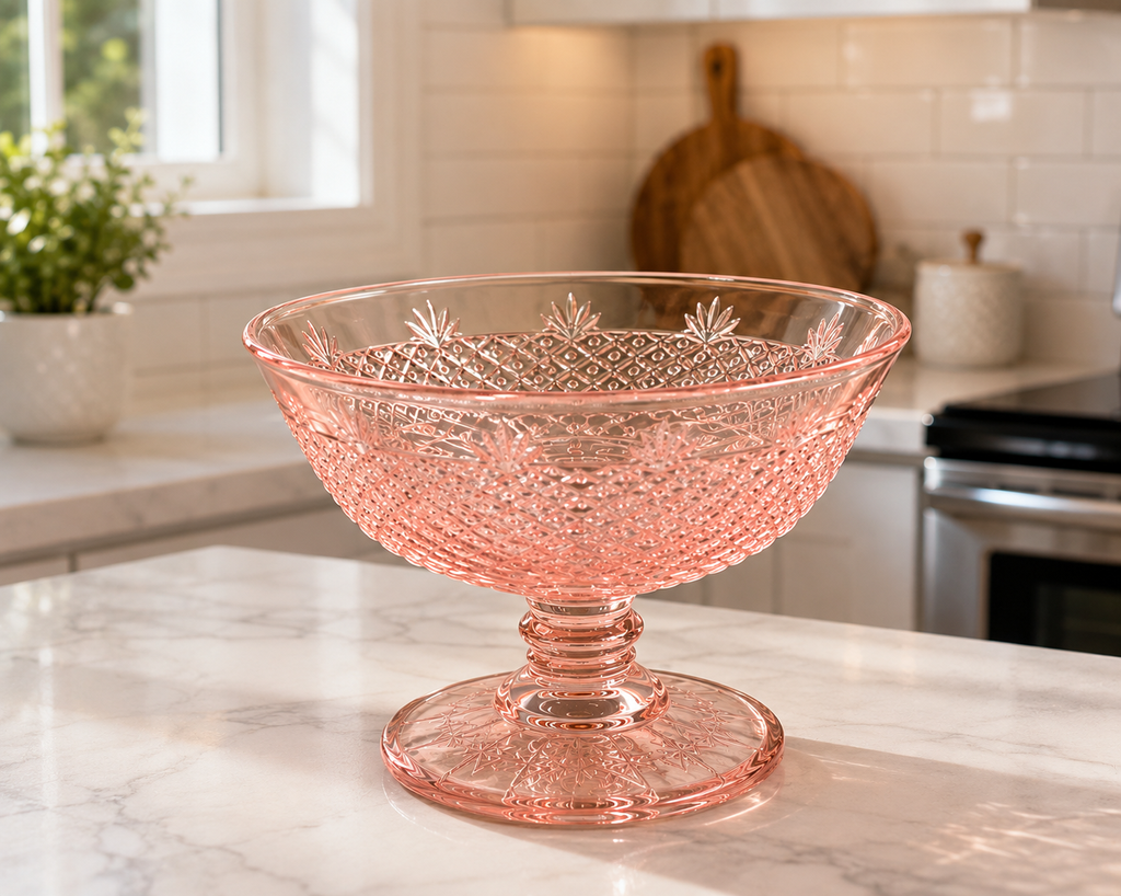 BD-52--Vintage Pink Depression Glass Footed Compote Bowl – Etched Diamond Pattern – 6 Inch