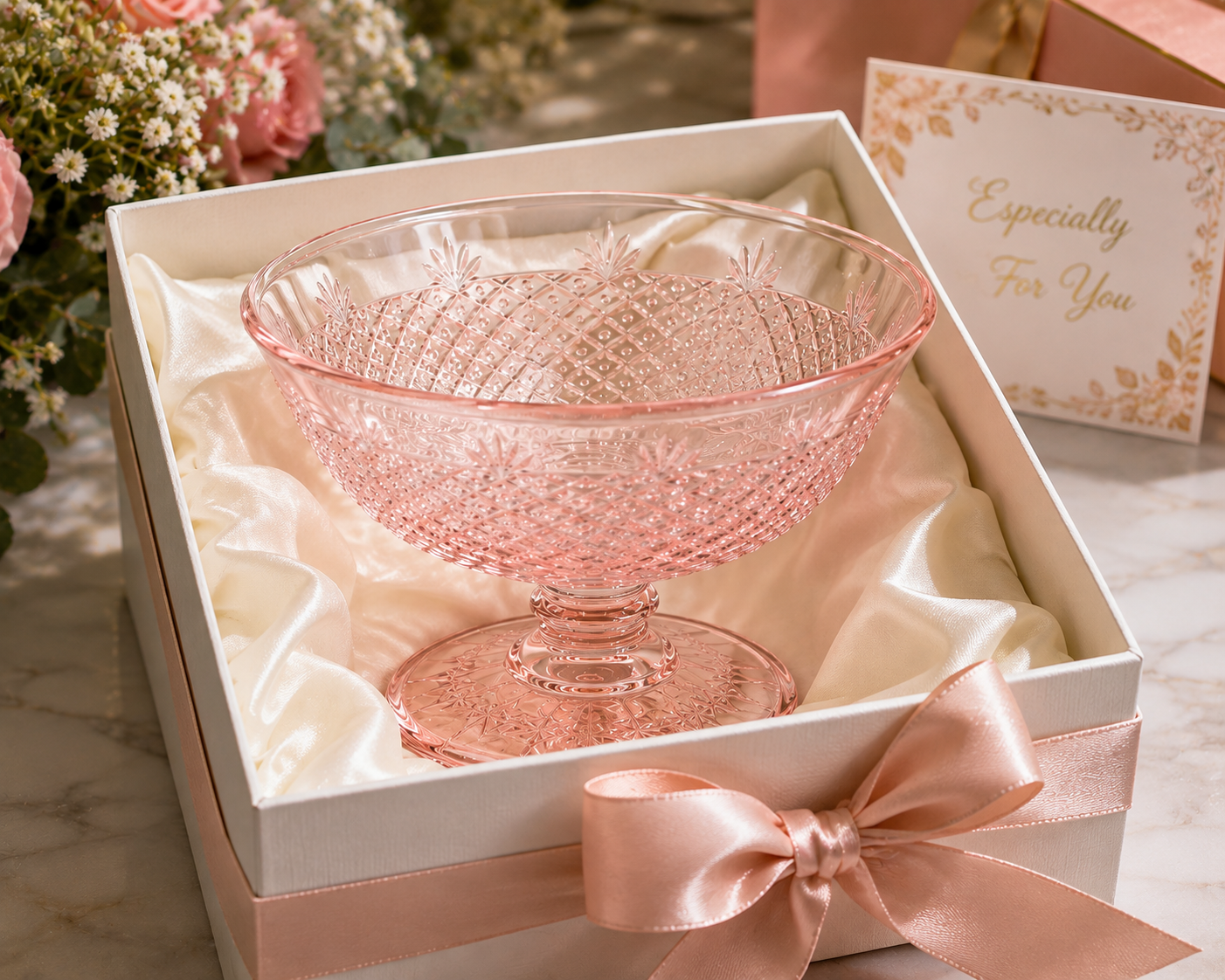 BD-52--Vintage Pink Depression Glass Footed Compote Bowl – Etched Diamond Pattern – 6 Inch