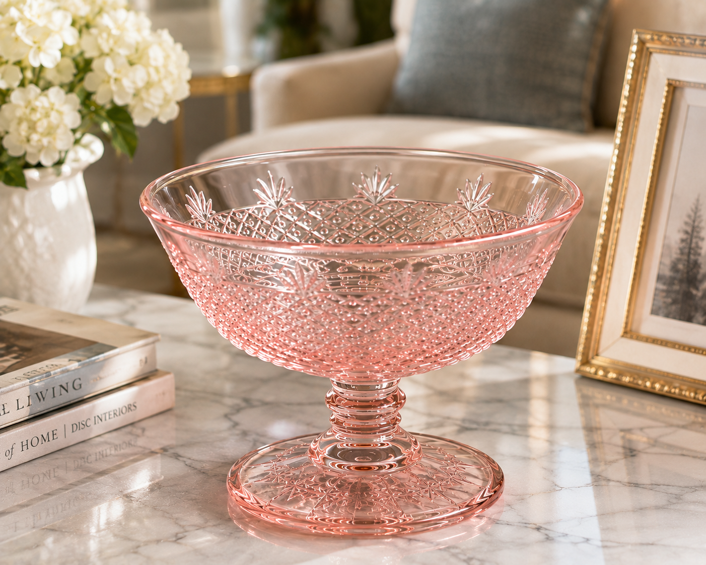 BD-52--Vintage Pink Depression Glass Footed Compote Bowl – Etched Diamond Pattern – 6 Inch