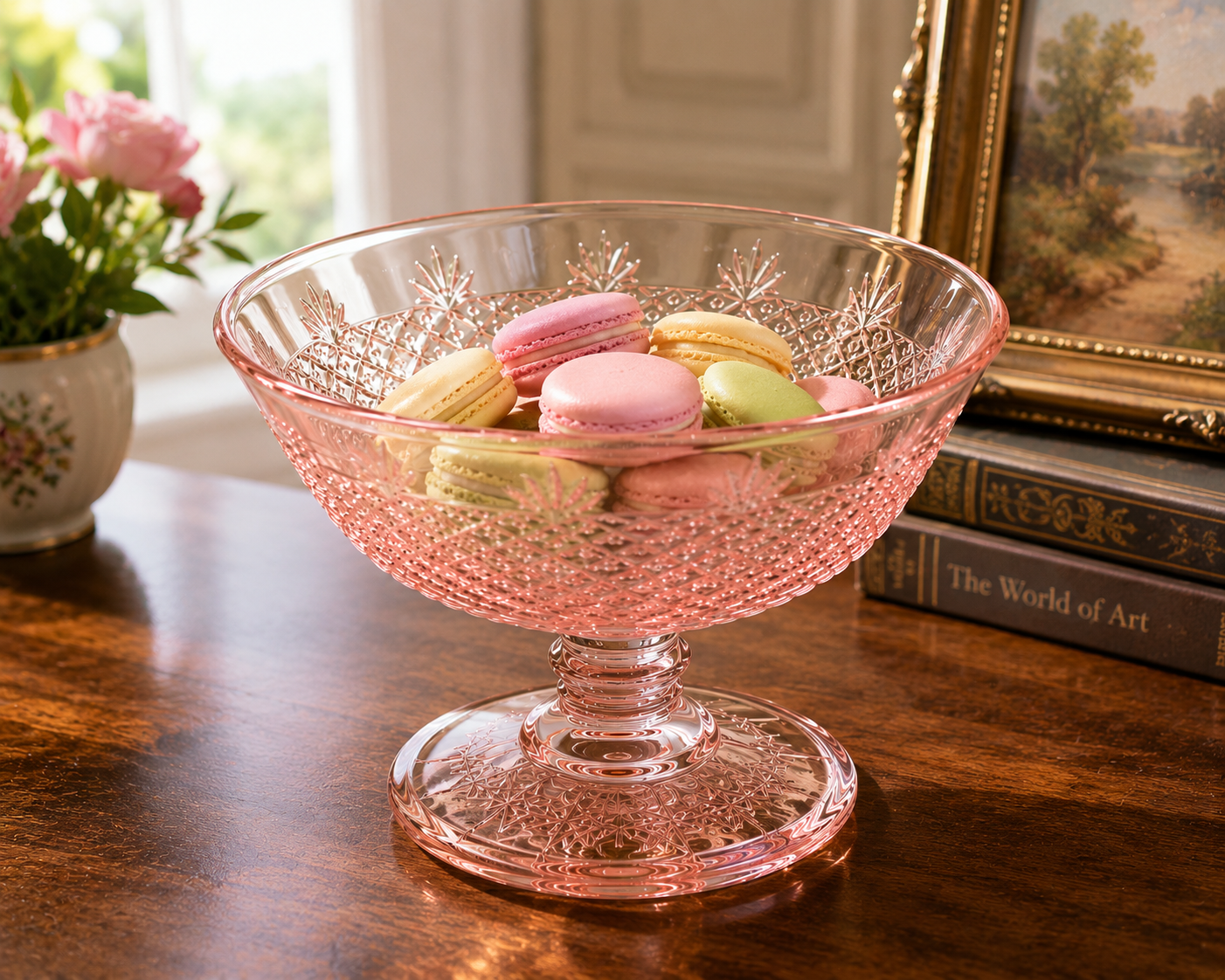 BD-52--Vintage Pink Depression Glass Footed Compote Bowl – Etched Diamond Pattern – 6 Inch