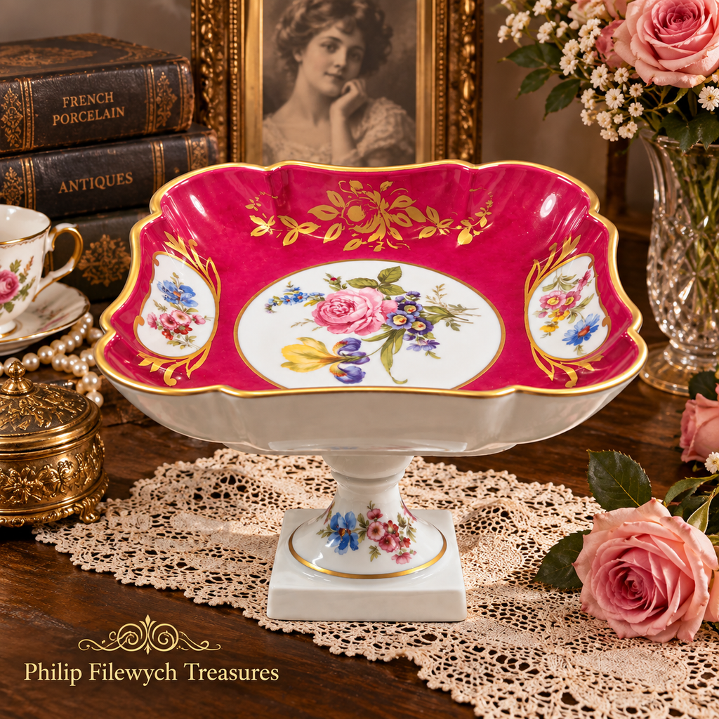 BD-55--Antique Limoges France Porcelain Pedestal Fruit Bowl Compote Pink Floral Gold Gilt
