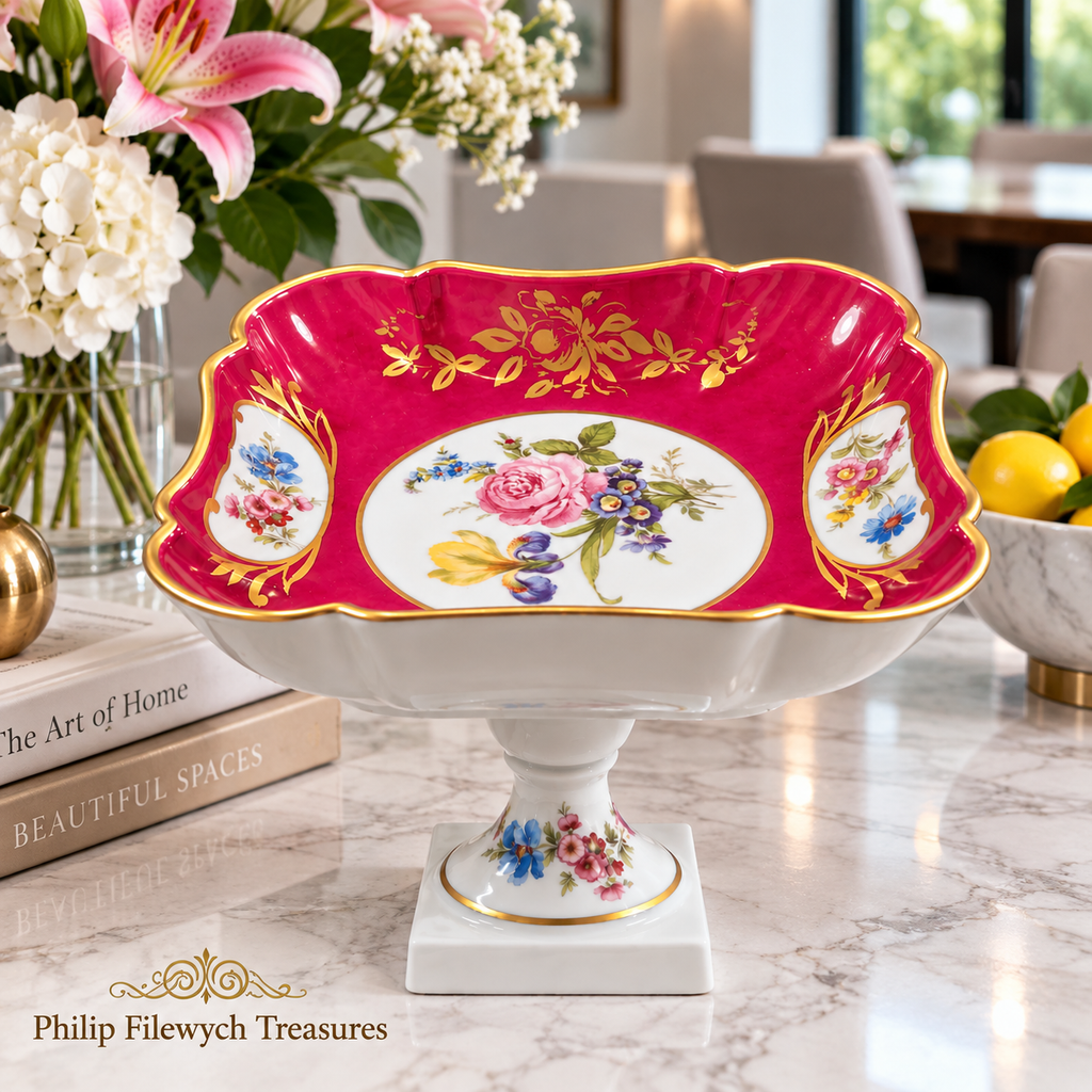 BD-55--Antique Limoges France Porcelain Pedestal Fruit Bowl Compote Pink Floral Gold Gilt
