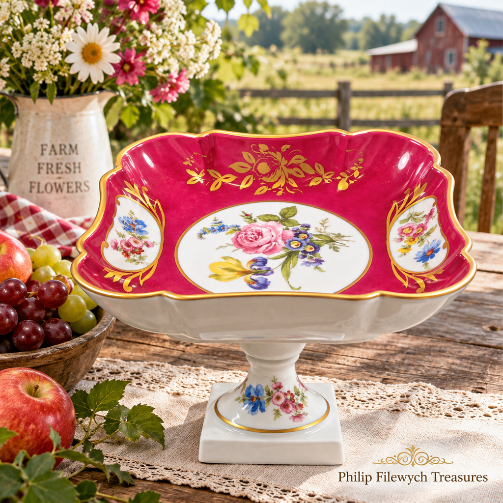 BD-55--Antique Limoges France Porcelain Pedestal Fruit Bowl Compote Pink Floral Gold Gilt