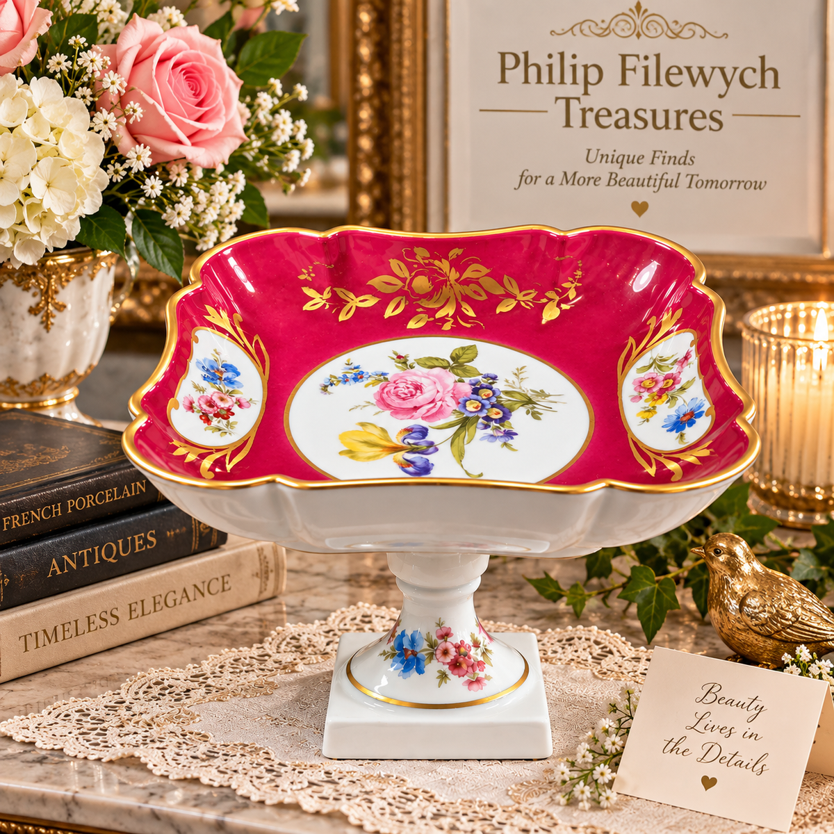 BD-55--Antique Limoges France Porcelain Pedestal Fruit Bowl Compote Pink Floral Gold Gilt