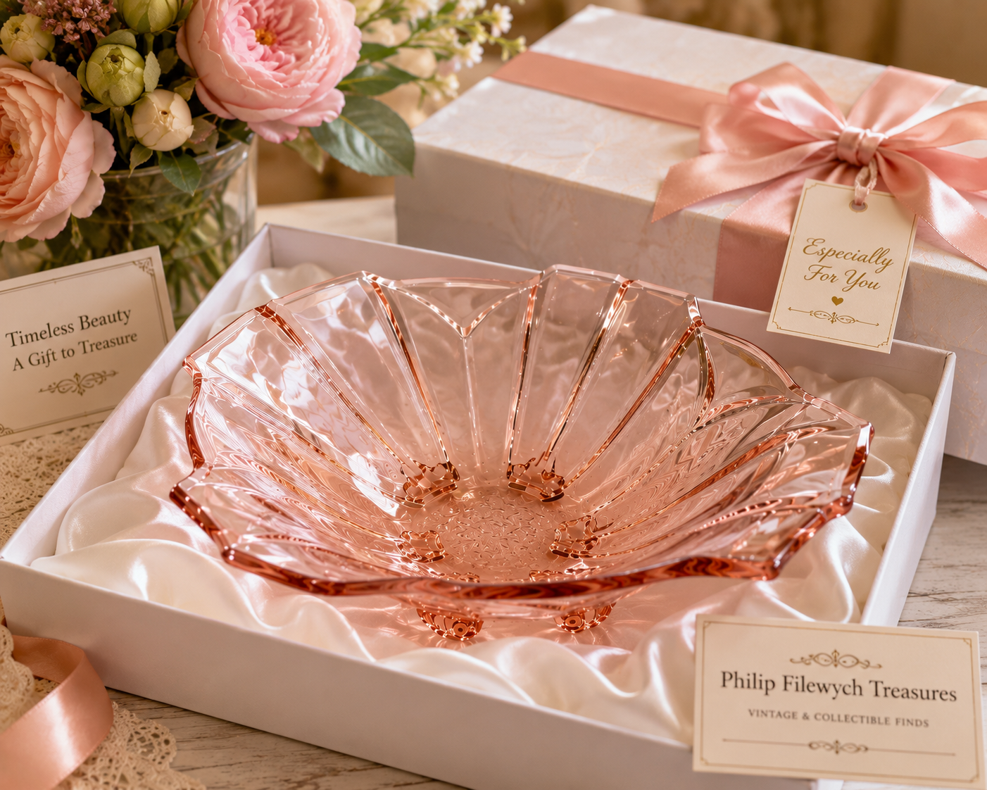 BD-57--Vintage Pink Pressed Glass Leaf Serving Bowl