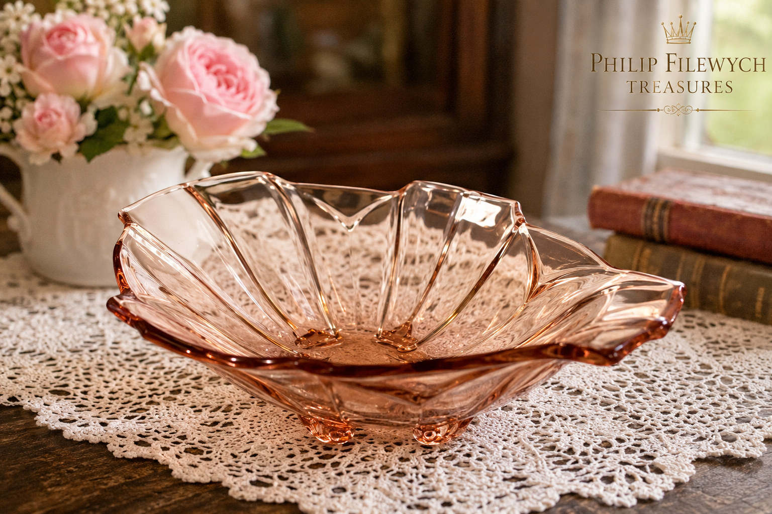 BD-57--Vintage Pink Pressed Glass Leaf Serving Bowl