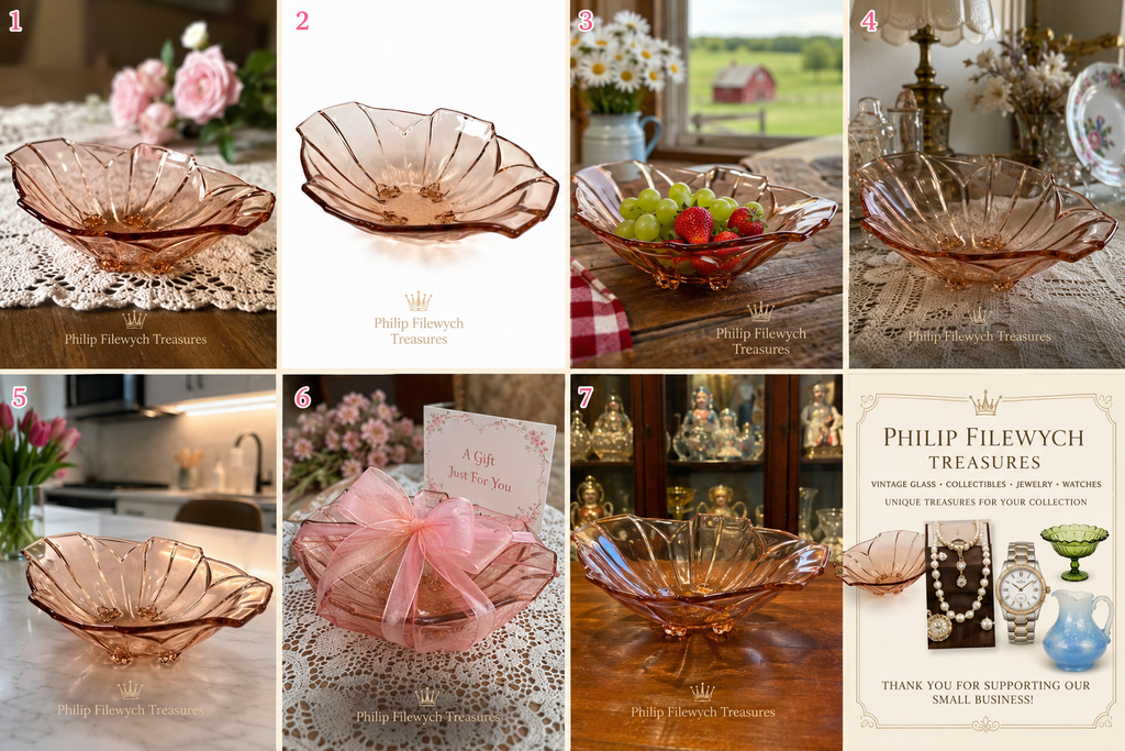 BD-57--Vintage Pink Pressed Glass Leaf Serving Bowl