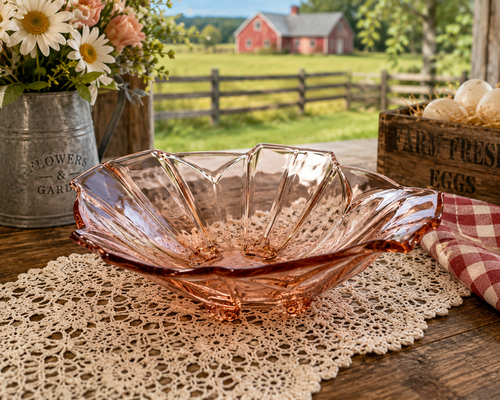 BD-57--Vintage Pink Pressed Glass Leaf Serving Bowl