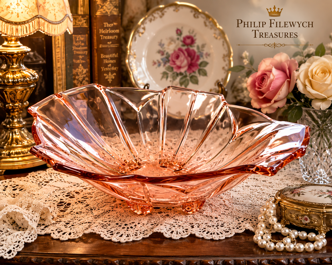 BD-57--Vintage Pink Pressed Glass Leaf Serving Bowl
