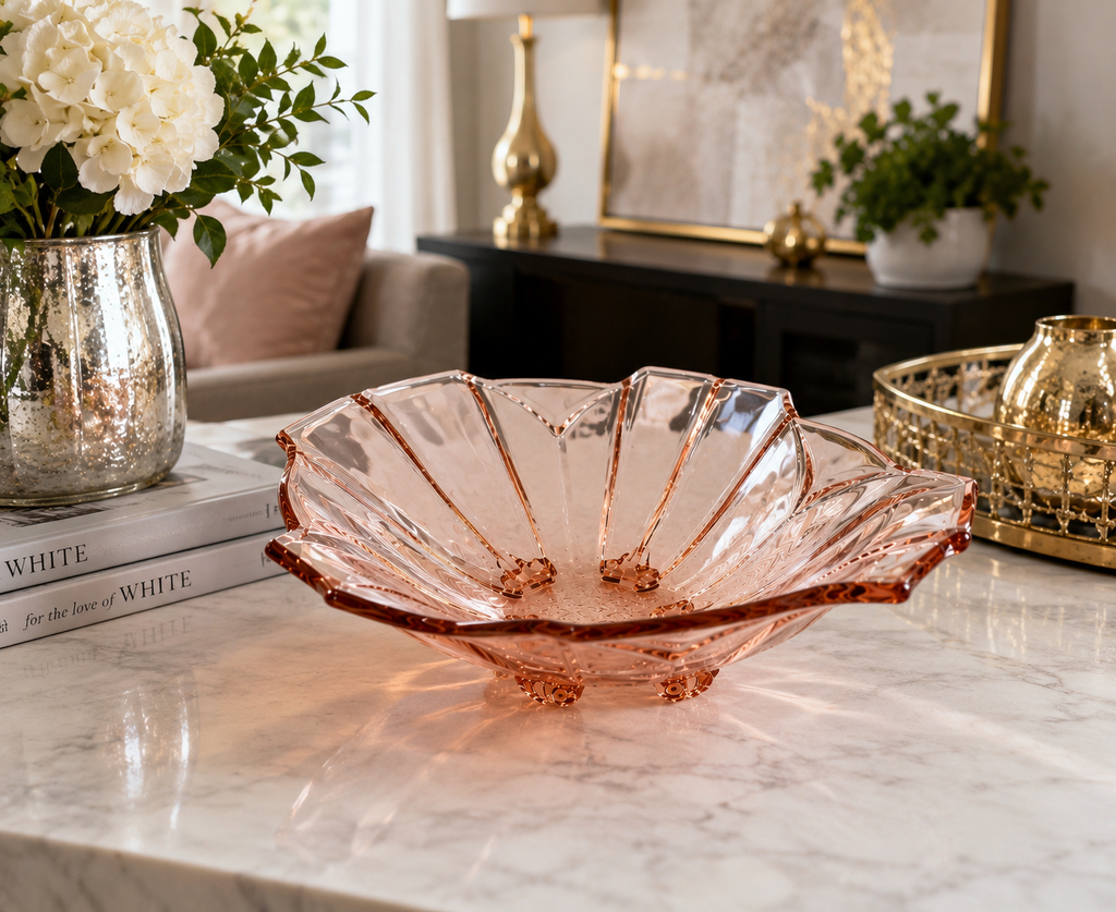 BD-57--Vintage Pink Pressed Glass Leaf Serving Bowl