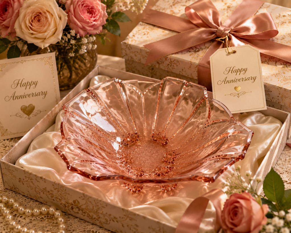 BD-57--Vintage Pink Pressed Glass Leaf Serving Bowl