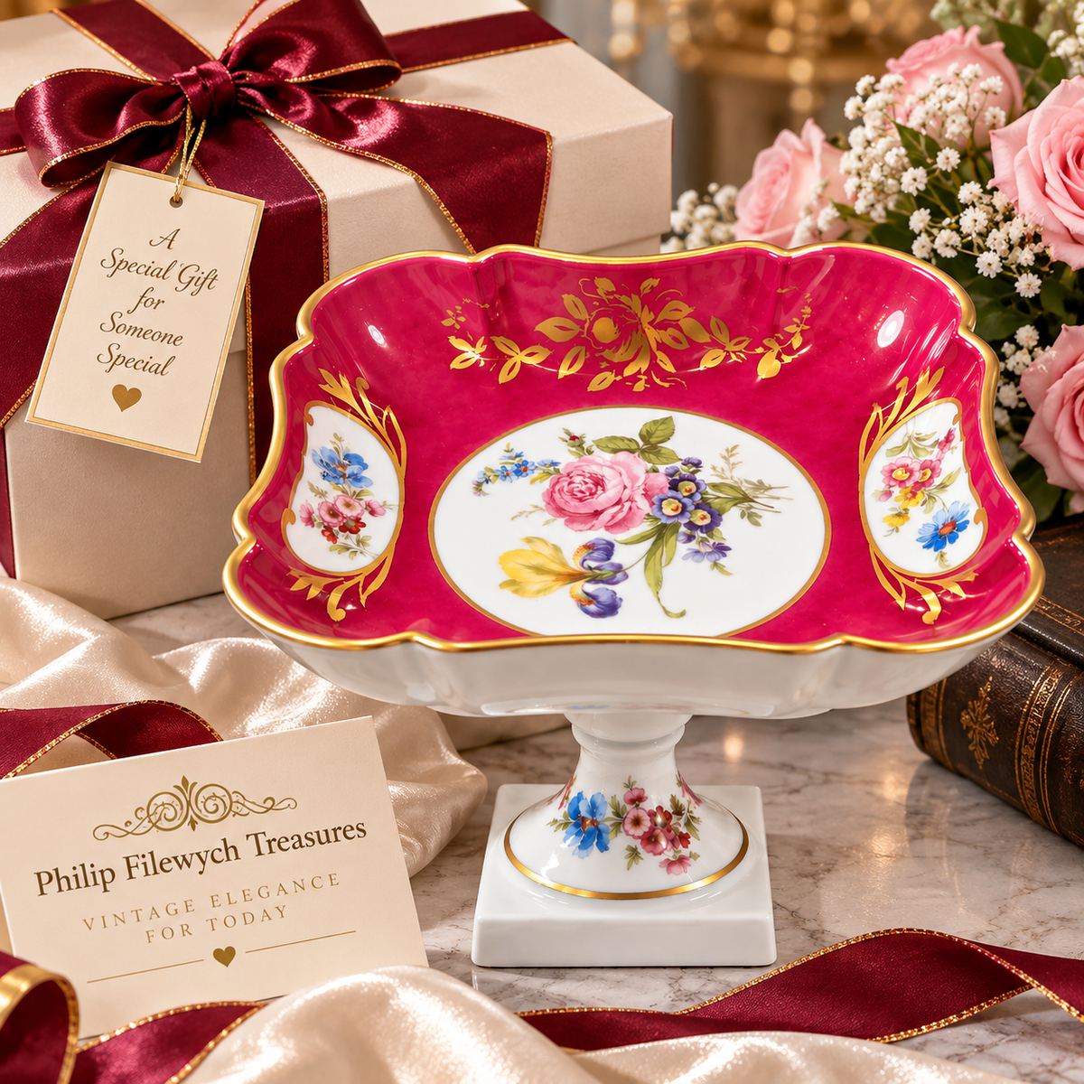 BD-55--Antique Limoges France Porcelain Pedestal Fruit Bowl Compote Pink Floral Gold Gilt