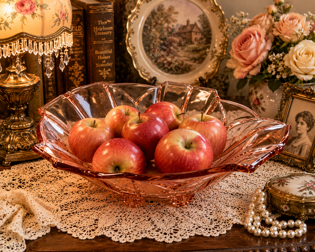 BD-57--Vintage Pink Pressed Glass Leaf Serving Bowl