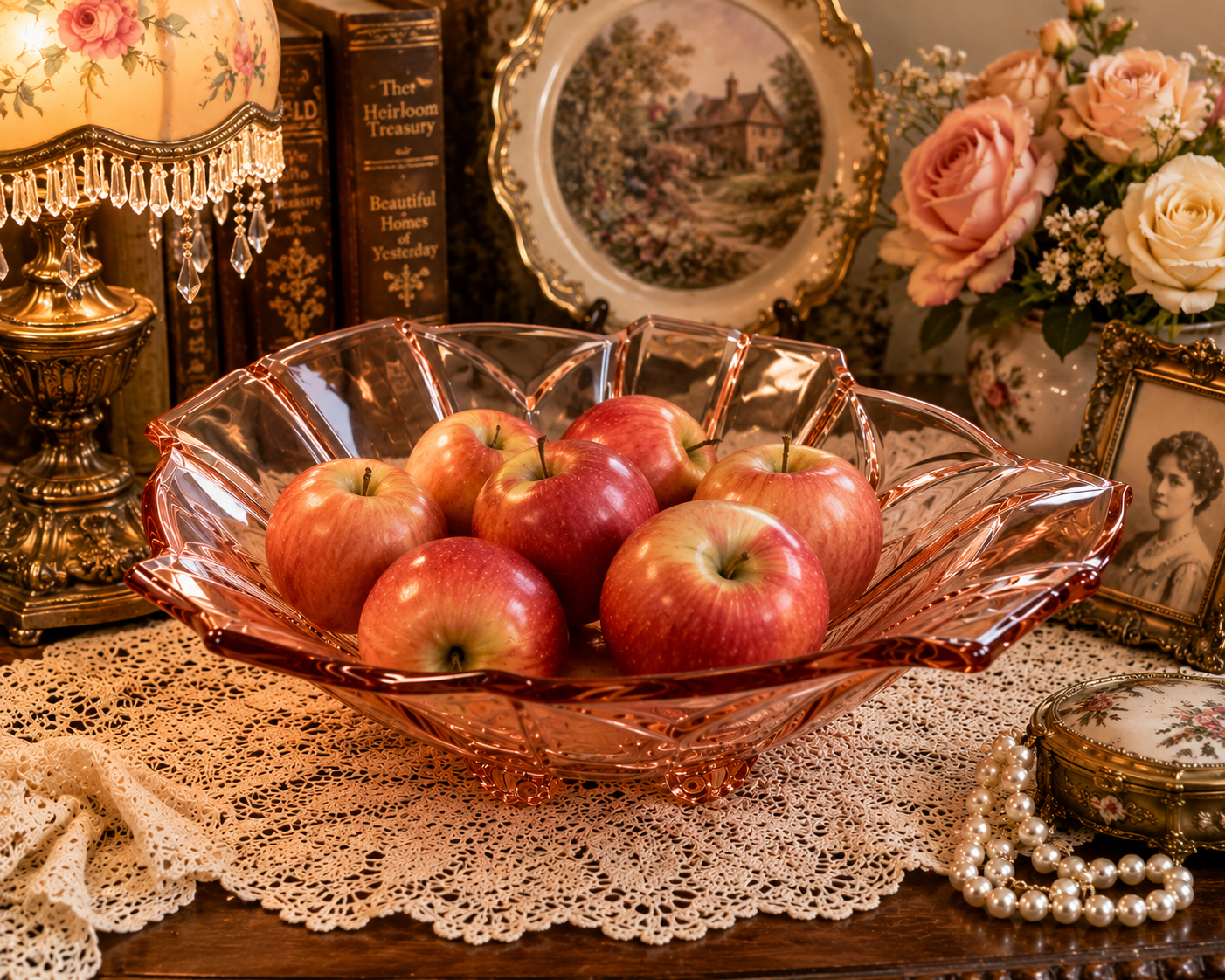 BD-57--Vintage Pink Pressed Glass Leaf Serving Bowl