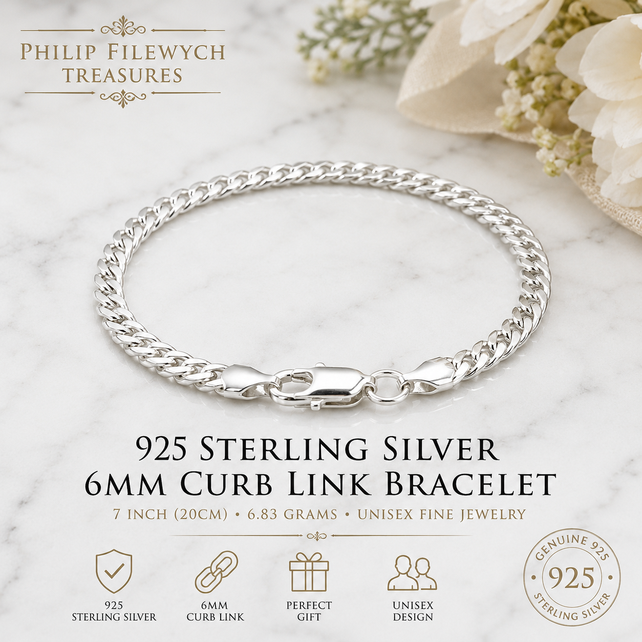 BR-04--925 Sterling Silver 5mm Flat Curb Chain Bracelet – 7 Inch